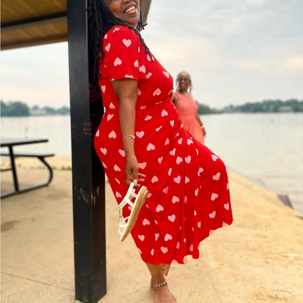 LANE BRYANT WOMEN'S RED PINK HEART FLUTTER SLEEVE FAUX-WRAP MAXI MID DRESS PLUS - Picture 12 of 12